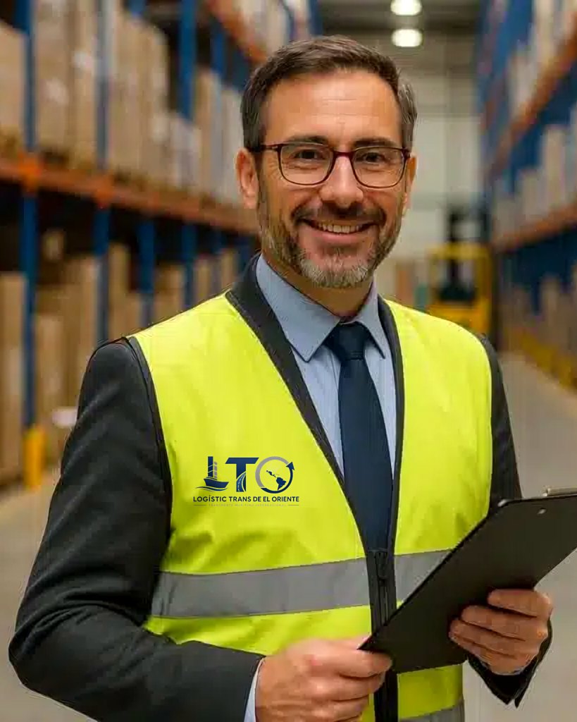 Coordinador de logística de LTO con chaleco reflectivo en el almacén