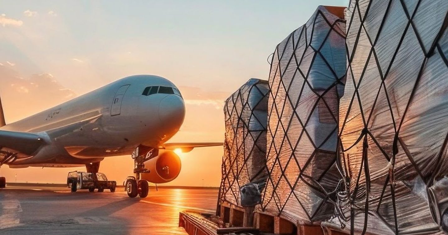 Avión de carga con paletas de mercancía listas para embarcar