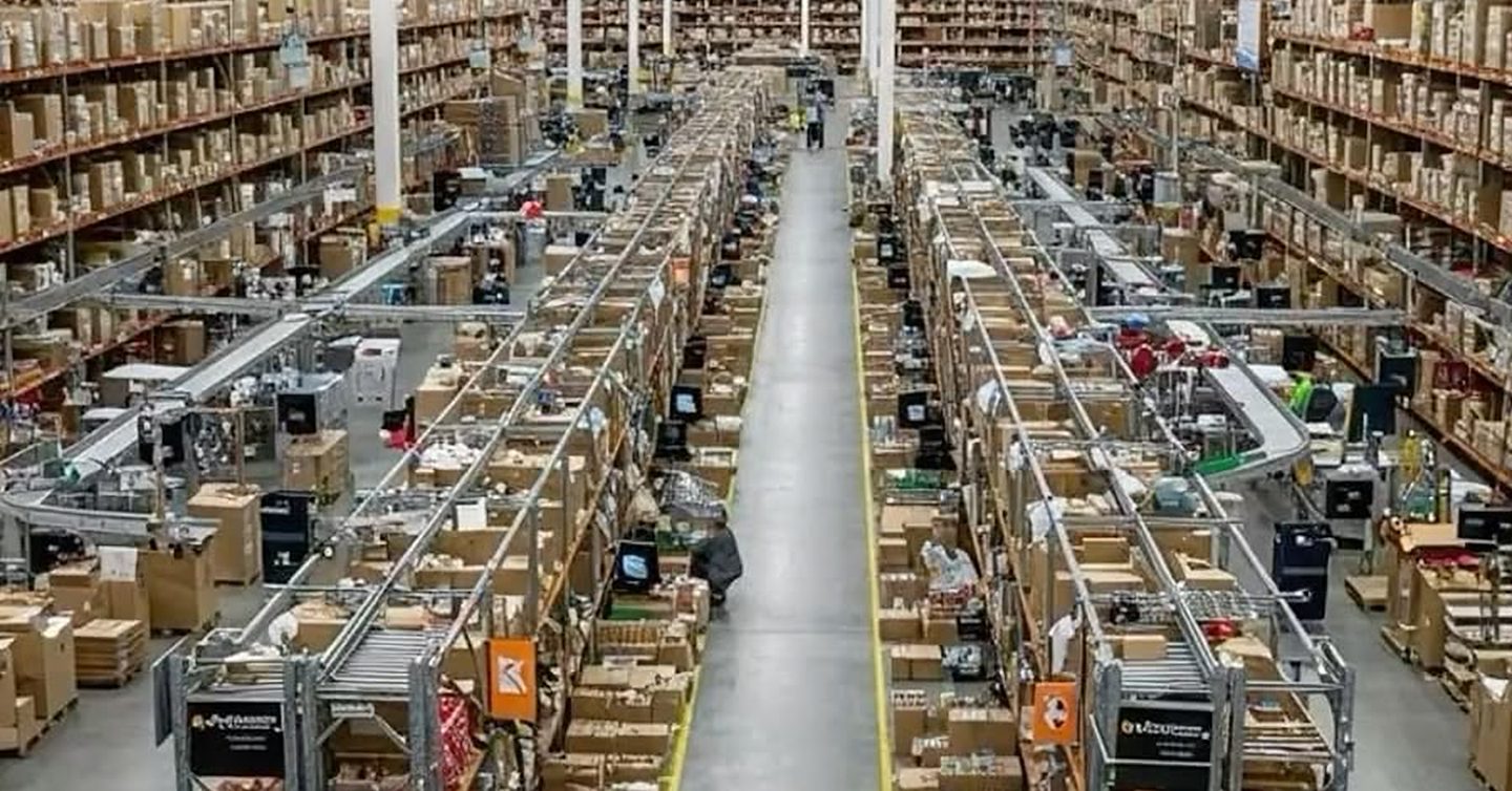 Almacén con estantes y cintas transportadoras para clasificar paquetes